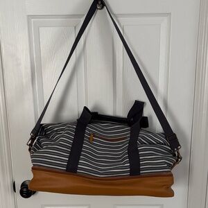 DSW Blue/White/Tan Striped Weekender Bag